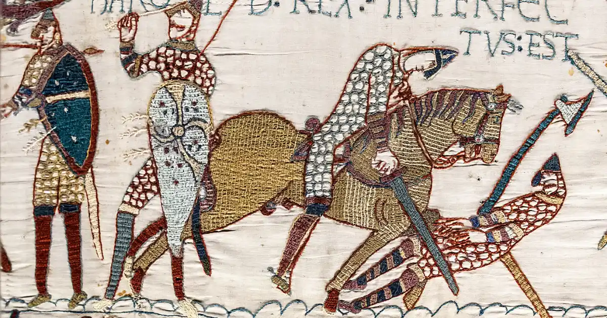 Bayeux Tapestry - Scene 57: the death of King Harold at the Battle of Hastings. / Wikimedia Commons Bayeux Tapestry Death Of Harold